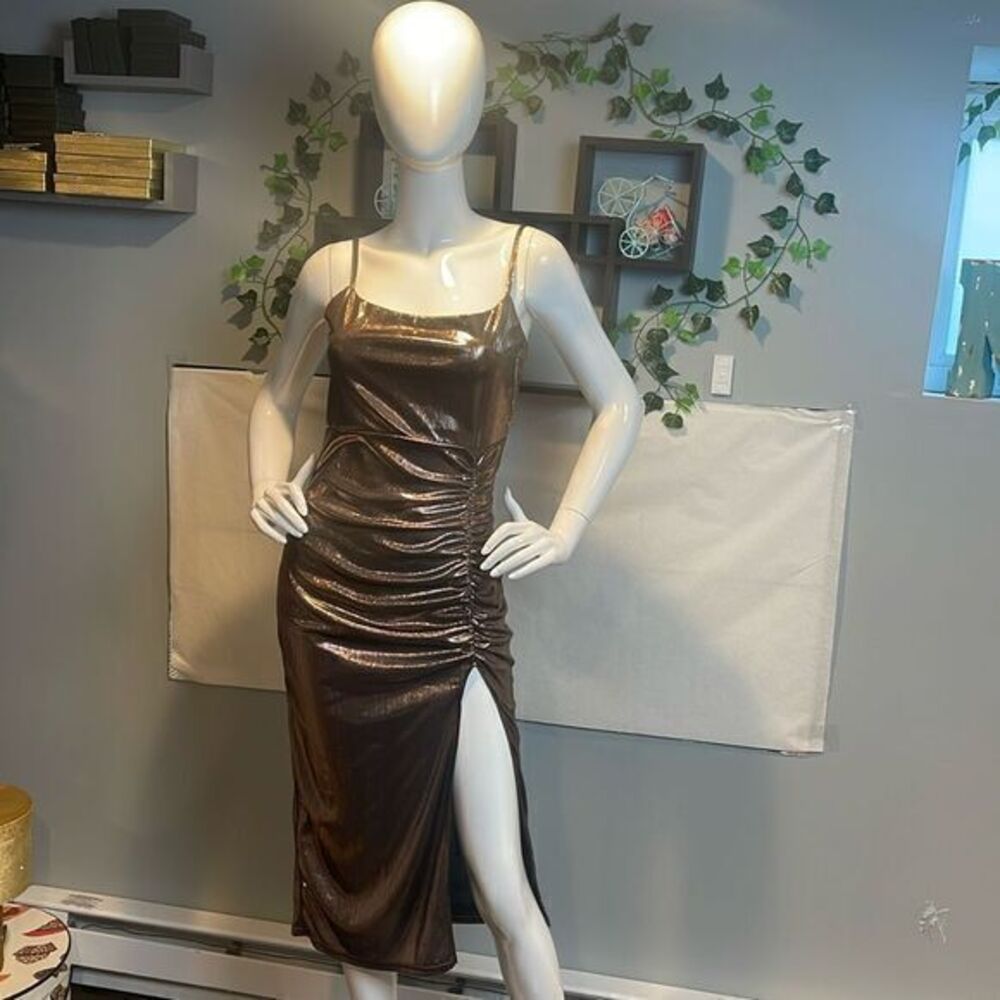 Micas Shiny Bodycon Dress Side Slit Ruched Sleeveless Party Clubwear M
